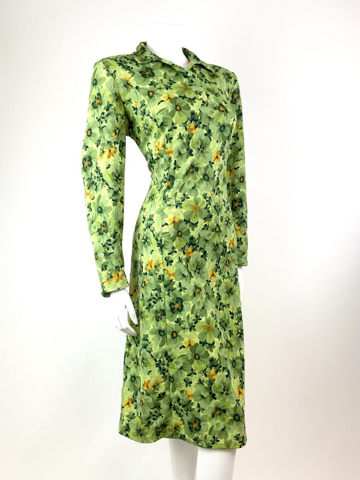 VINTAGE 60s 70s GREEN LIME ORANGE FLORAL PSYCHEDELIC MOD SHIRT DRESS 16