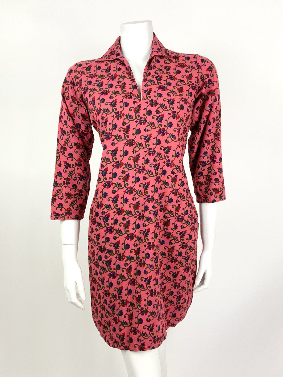 VINTAGE 60s 70s PINK RED BLUE GREEN FLORAL PSYCHEDELIC SWIRL SHIRT DRESS 12 14