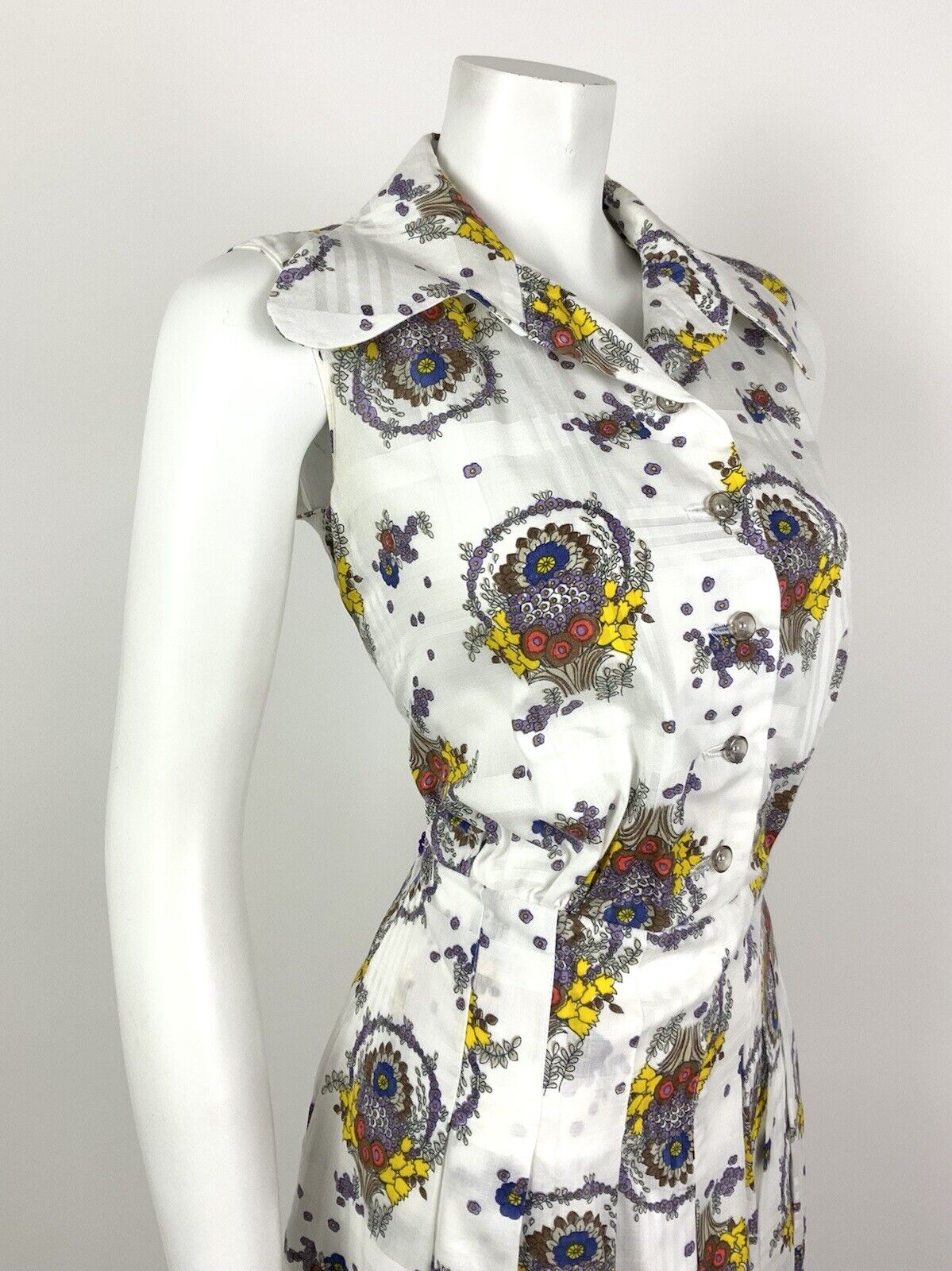 VINTAGE 60s 70s WHITE BROWN YELLOW PLAID FLORAL SPOON COLLAR SHIRT DRESS 12 14