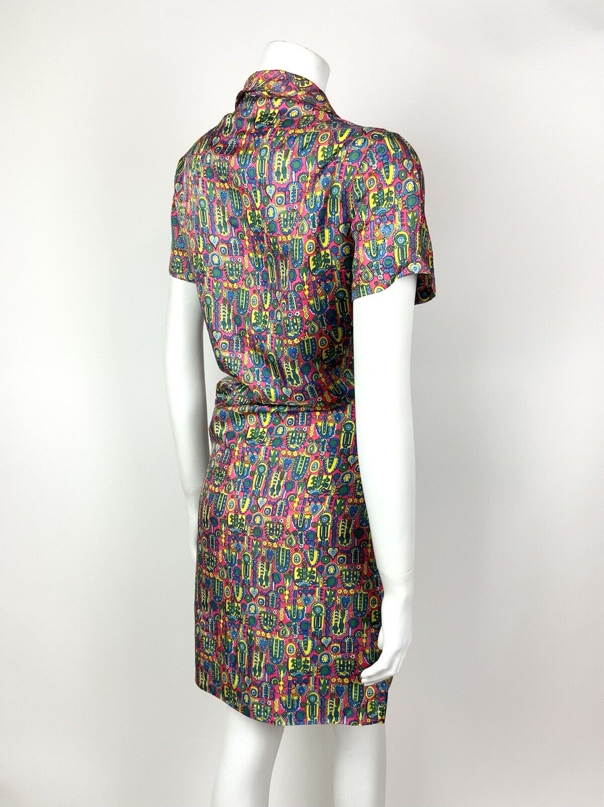VINTAGE 60s 70s PINK BLUE GREEN YELLOW PSYCHEDELIC FLORAL SHIRT DRESS 12 14