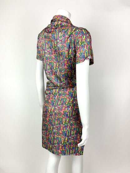 VINTAGE 60s 70s PINK BLUE GREEN YELLOW PSYCHEDELIC FLORAL SHIRT DRESS 12 14
