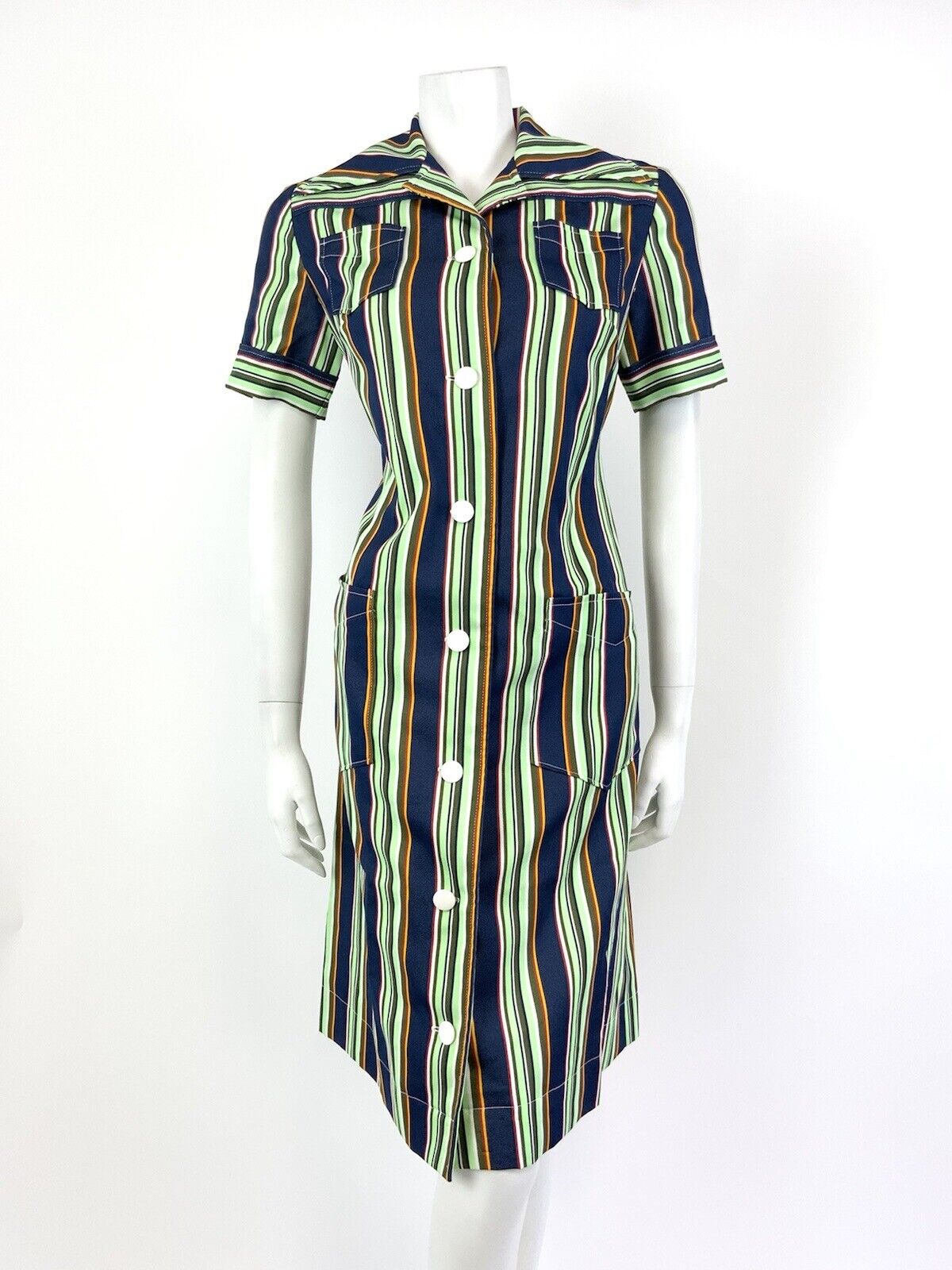 VINTAGE 60s 70s GREEN BLUE WHITE RED STRIPED MOD DAGGER COLLAR SHIRT DRESS 12