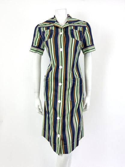 VINTAGE 60s 70s GREEN BLUE WHITE RED STRIPED MOD DAGGER COLLAR SHIRT DRESS 12