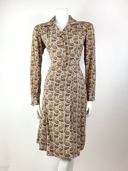 VINTAGE 60s 70s CREAM BROWN GREEN FLORAL PAISLEY BOTEH LONGLSEEVE SHIRT DRESS 10