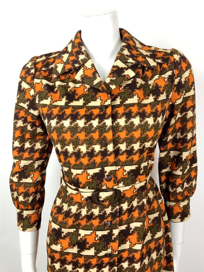 VINTAGE 60s 70s ORANGE BROWN GREEN CREAM GEOMETRIC HOUNDSTOOTH SHIRT DRESS 12 14