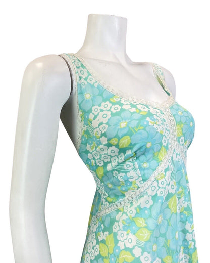 VINTAGE 60s 70s BLUE GREEN WHITE DAISY FLOWER LACE SUMMER NIGHT SLIP DRESS 14 16