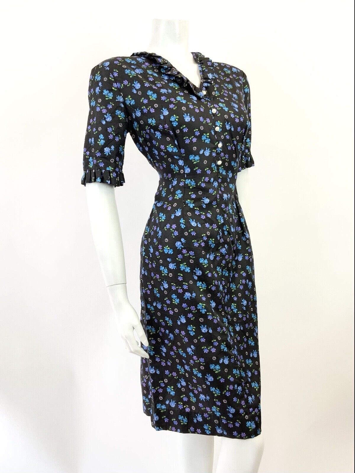 VINTAGE 60s 70s BLACK BLUE PURPLE FLORAL ROSE DAISY FITTED WIGGLE DRESS 10 12