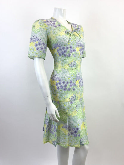 VTG 60s 70s GREEN PURPLE WHITE YELLOW FLORAL PSYCHEDELIC DROP WAIST DRESS 12 14