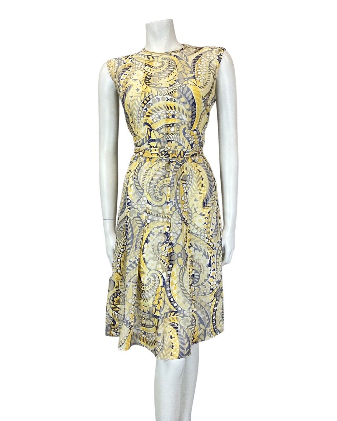 VINTAGE 60s 70s YELLOW BLUE PSYCHEDELIC PAISLEY FLOWER MOD SLEEVELESS DRESS 14