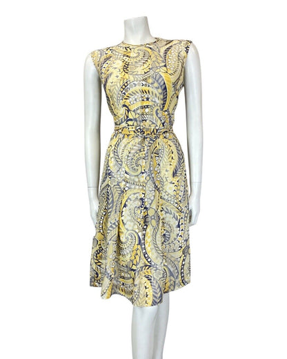 VINTAGE 60s 70s YELLOW BLUE PSYCHEDELIC PAISLEY FLOWER MOD SLEEVELESS DRESS 14