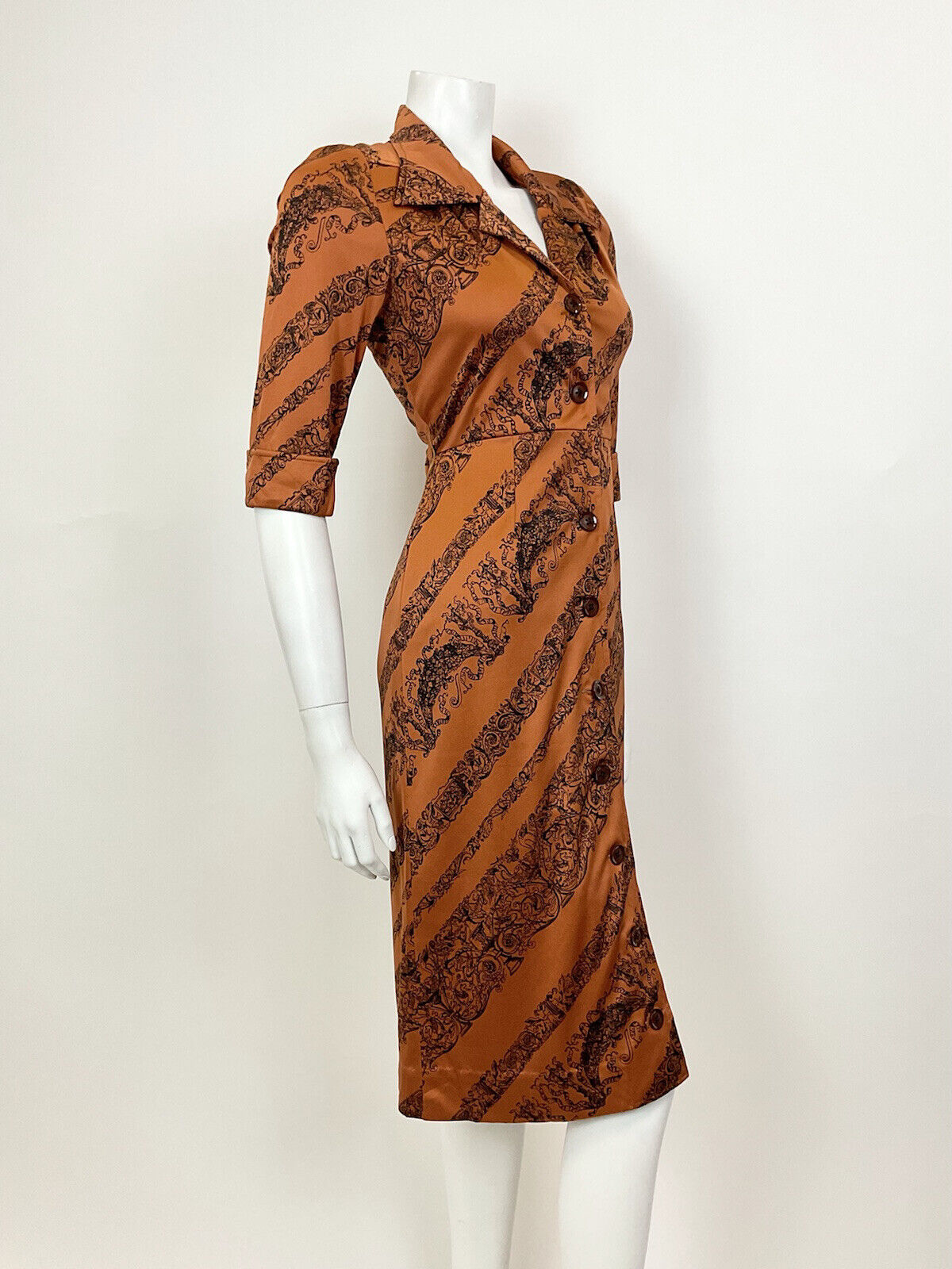 VTG 60s 70s BRONZE ORANGE BLACK ELEGANT FLORAL ACANTHUS CHERUB SHIRT DRESS 8