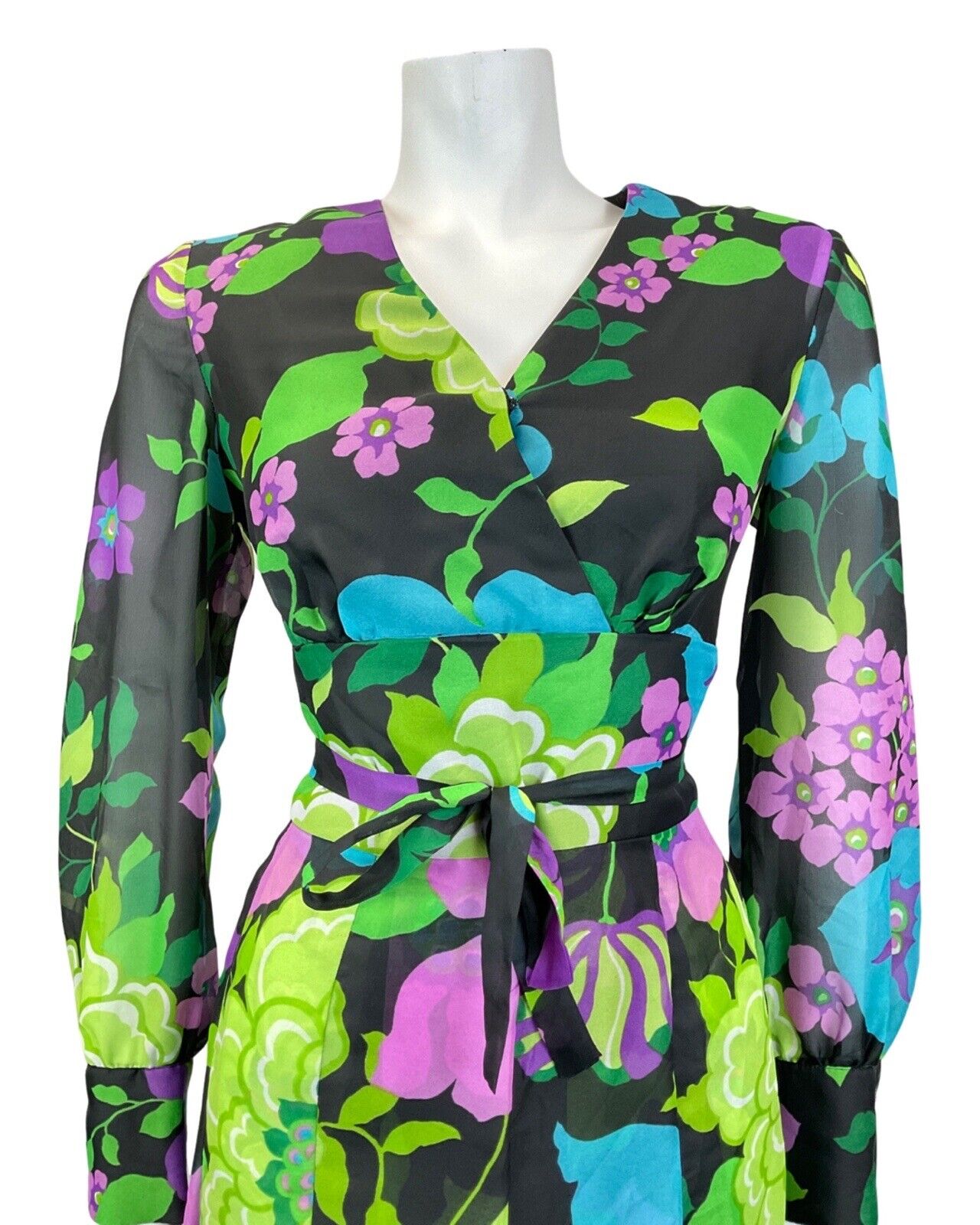 VINTAGE 60s 70s BLACK GREEN PURPLE FLORAL SHEER FLOATY SWING DRESS 14 16