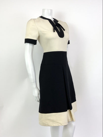 VINTAGE 60s LOUIS FERAUD CREAM BLACK BOW MOD WOOL SHORT DRESS 8 10