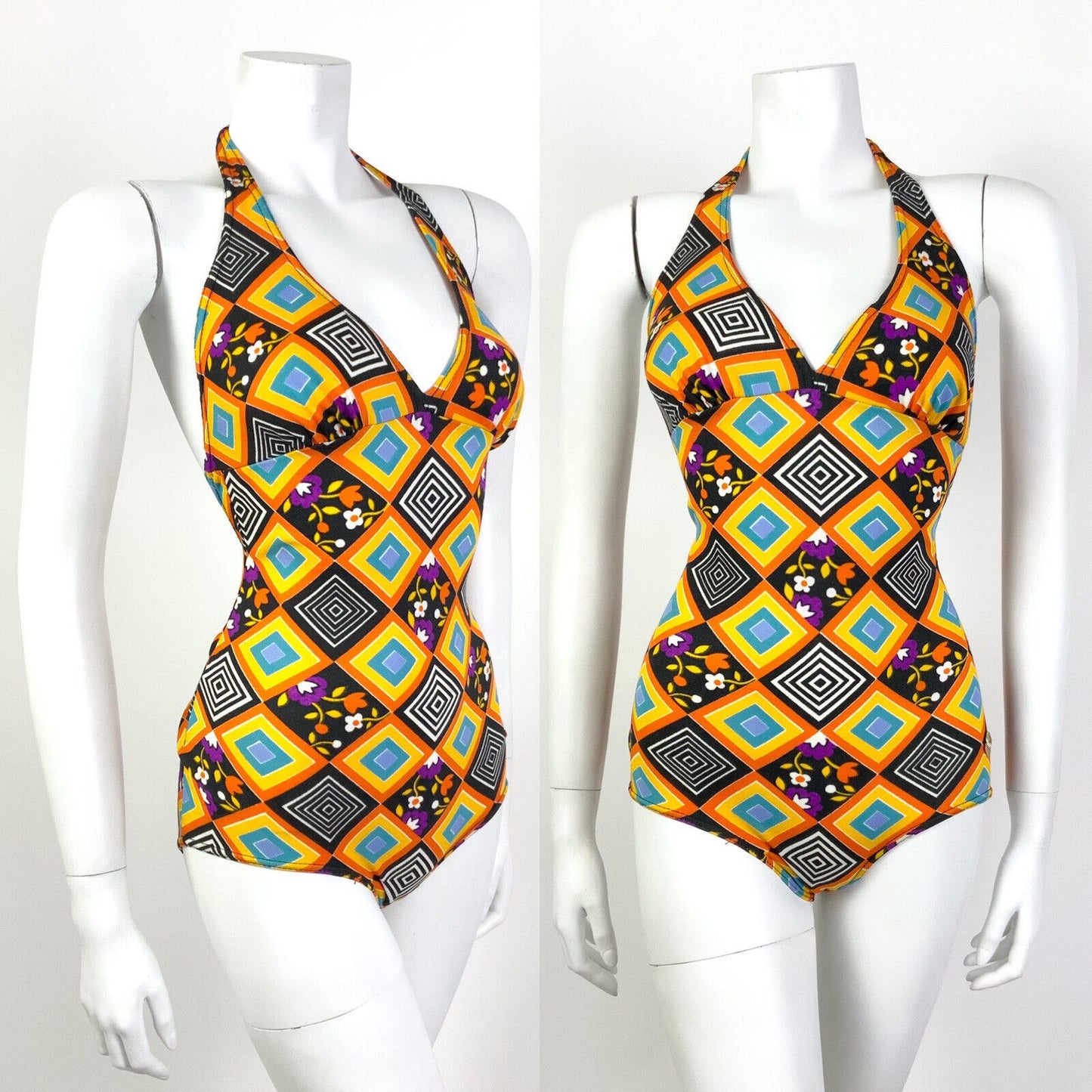 VTG 60s 70s ORANGE BLACK PURPLE GEOMETRIC FLORAL HALTER SWIM BATHING SUIT 10 12