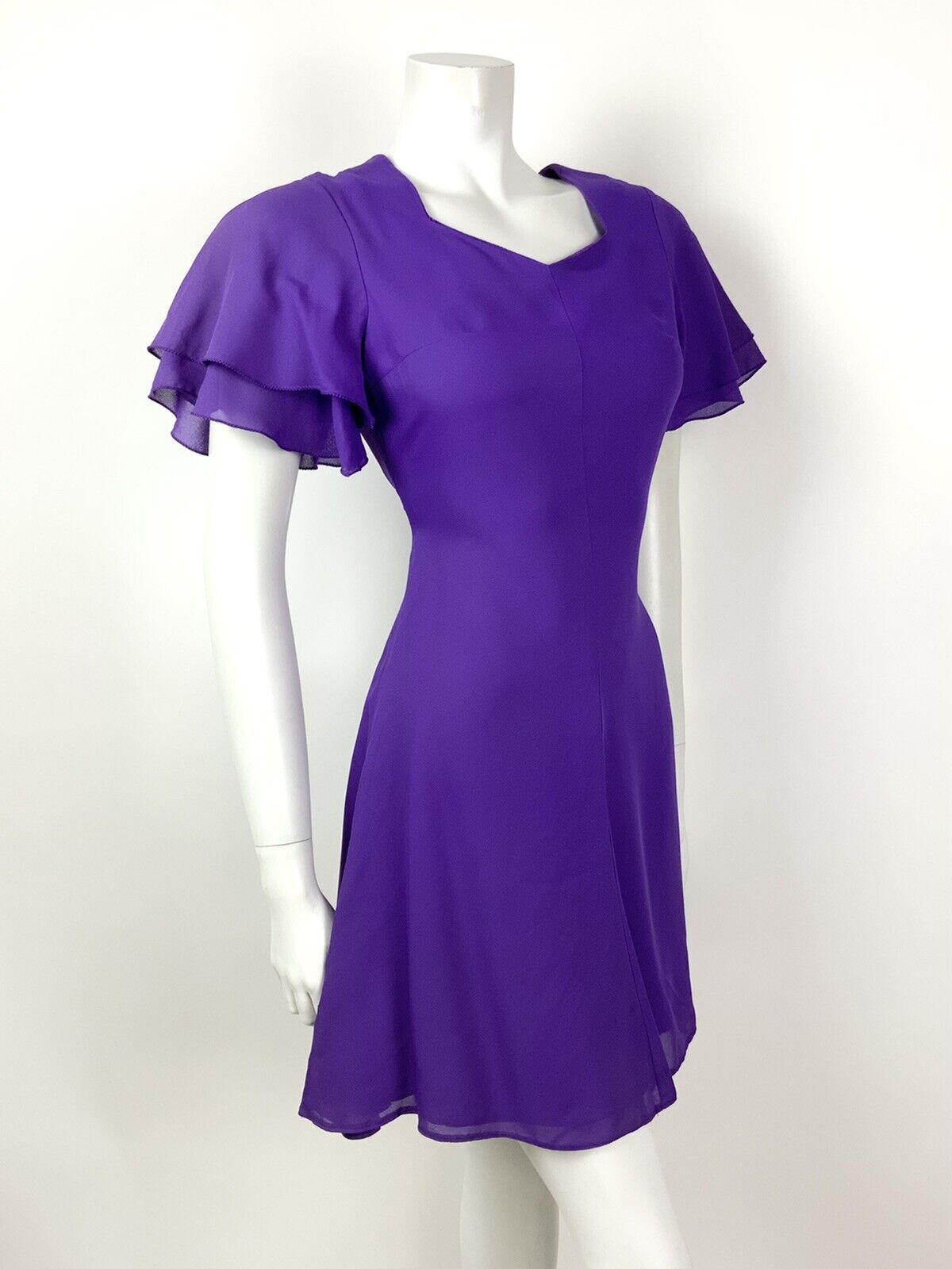 VINTAGE 60s 70s VIOLET PURPLE FLUTTER SLEEVE FLOATY SHORT DRESS 8