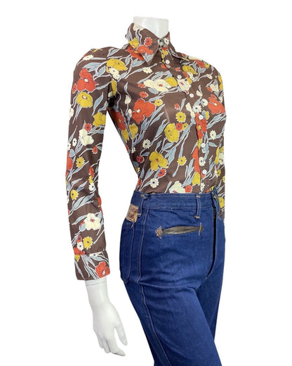 VINTAGE 60s 70s BROWN YELLOW RED FLORAL MOD DAGGER COLLAR SHIRT 10 12