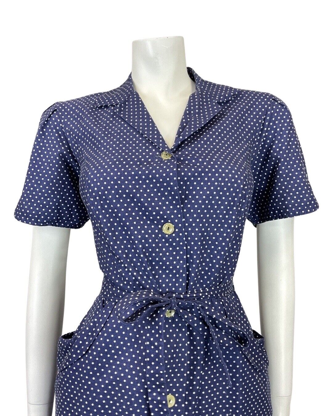 VINTAGE 60s 70s NAVY BLUE WHITE POLKA-DOT DITSY FLOWER SHIRT DRESS 12 14