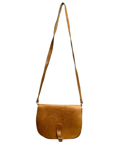 VINTAGE 60s 70s CAMEL BROWN STAMPED LEATHER GEOMETRIC BOHO SHOULDER BAG