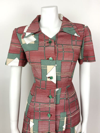 VINTAGE 60s 70s RED GREEN BEIGE WHITE GEOMETRIC STRIPED DAGGER SHIRT DRESS 12 14