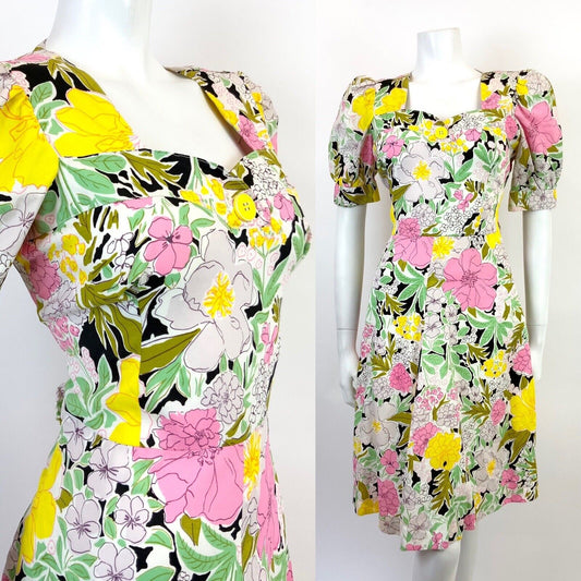 VINTAGE 60s 70s WHITE GREEN PINK BLACK FLORAL PUFF SLEEVE MOD SWING DRESS 10 12