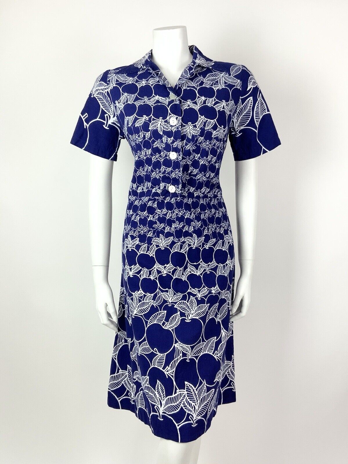 VINTAGE 60s 70s NAVY BLUE WHITE FRUITY APPLE DAGGER COLLAR SHIRT DRESS 10 12