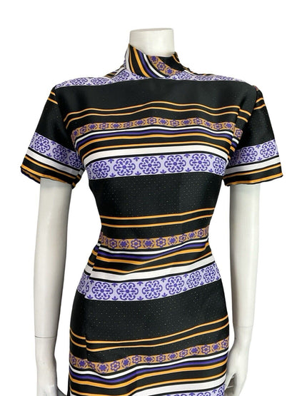 VTG 60S BLACK PURPLE YELLOW MOG GOGO FUNNEL NECK FLORAL STRIPED PARTY DRESS 16