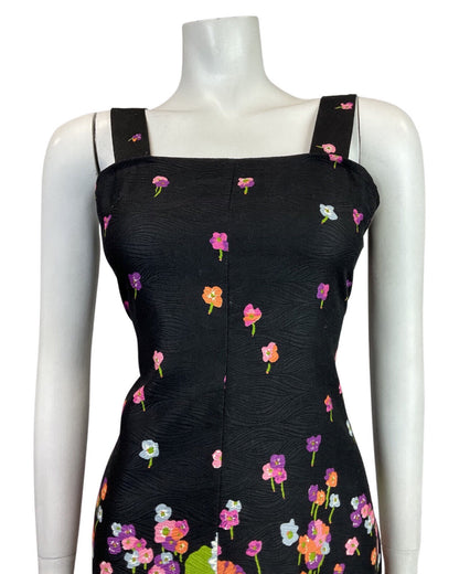 VINTAGE 60s 70s BLACK PINK GREEN FLORAL GERBERA SLEEVELESS SUMMER DRESS 8