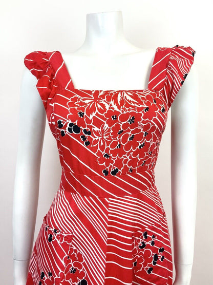 VINTAGE 60s 70s RED WHITE BLACK STRIPED FLORAL RUFFLED APRON SUMMER DRESS 4