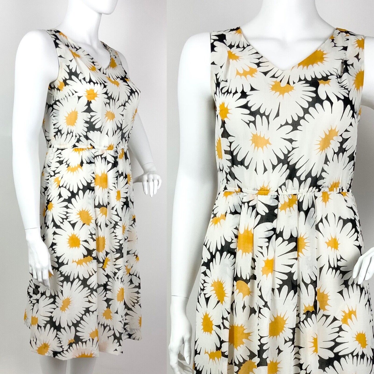 VTG 70s 80s WHITE BLACK YELLOW FLORAL DAISY SLEEVELESS SUMMER DRESS 16