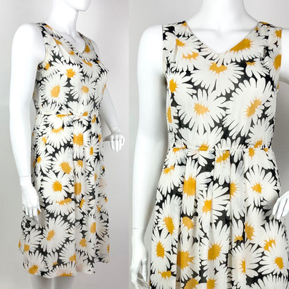VTG 70s 80s WHITE BLACK YELLOW FLORAL DAISY SLEEVELESS SUMMER DRESS 16