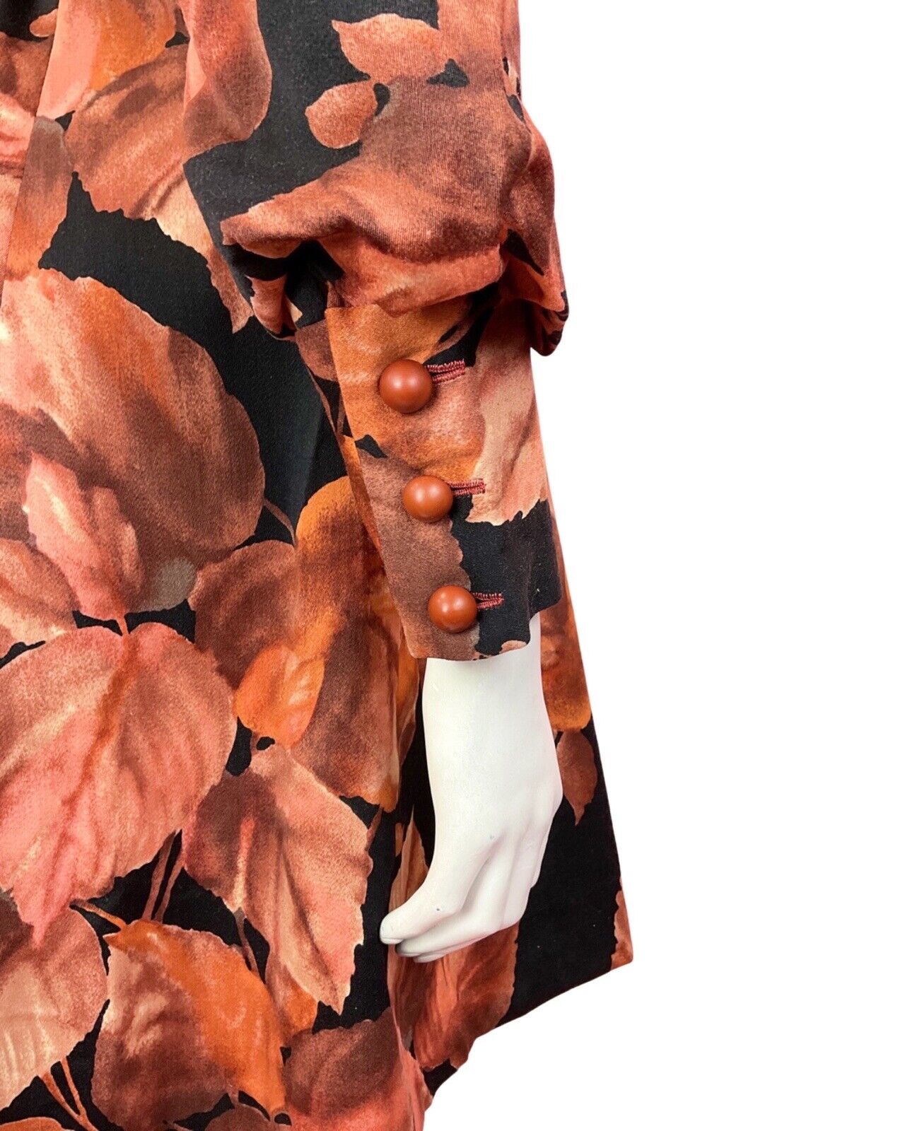 VTG 60s 70s ORANGE BROWN BLACK LEAFY TURTLENECK BISHOP SLEEVE SWING DRESS 8