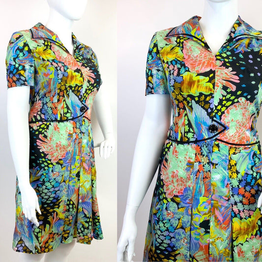 VINTAGE 60s 70s BLACK MULTICOLOURED PSYCHEDELIC ACID FLORAL LEAFY SHIRT DRESS 18