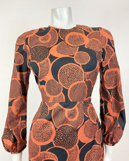 VINTAGE 60s 70s BURNT ORANGE BLACK PSYCHEDELIC CIRCLE MOD RUFFLE DRESS 8