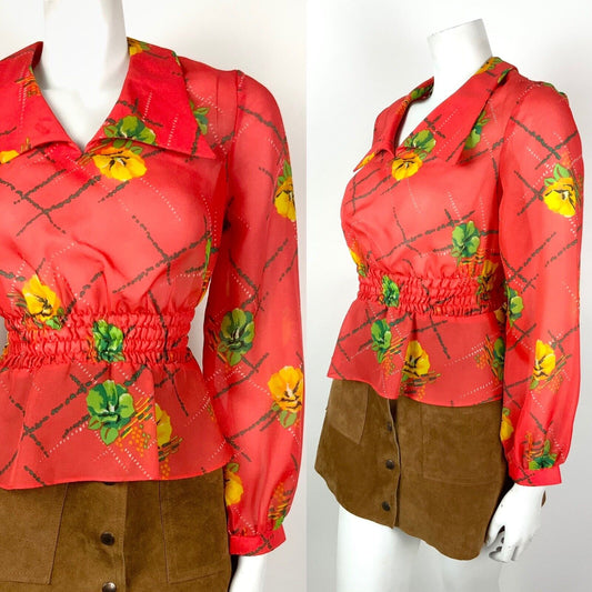 VTG 60s 70s RED / ORANGE YELLOW GREEN FLORAL WING COLLAR RUCHED BLOUSE TOP 8 10