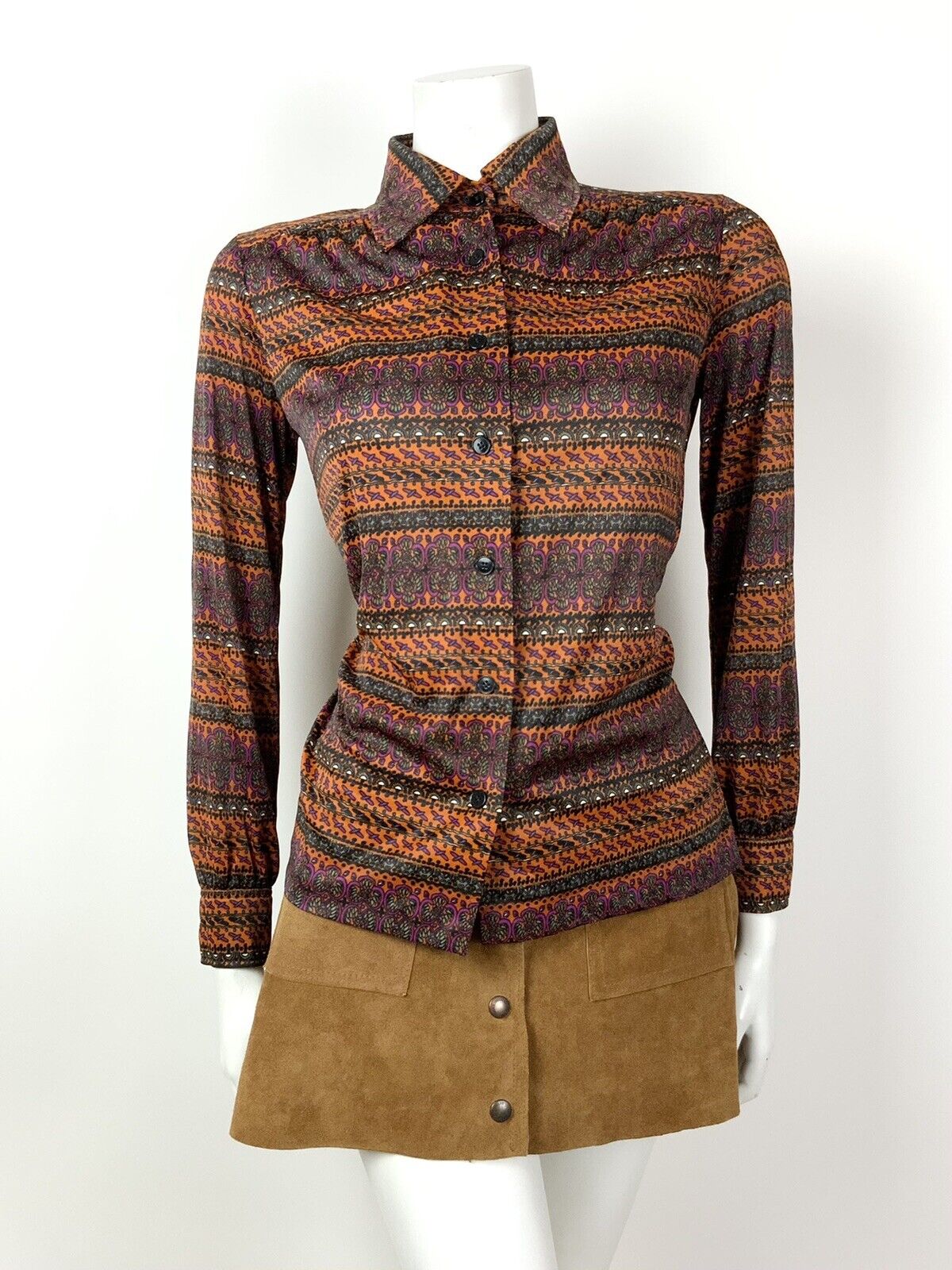 VINTAGE 60s 70s ORANGE BROWN PURPLE STRIPED PSYCHEDELIC FLORAL SHIRT TOP 14 16