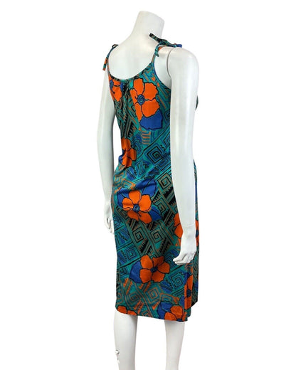 VINTAGE 60s 70s GREEN BLUE ORANGE HAWAIIAN FLORAL GEOMETRIC SUN DRESS 10