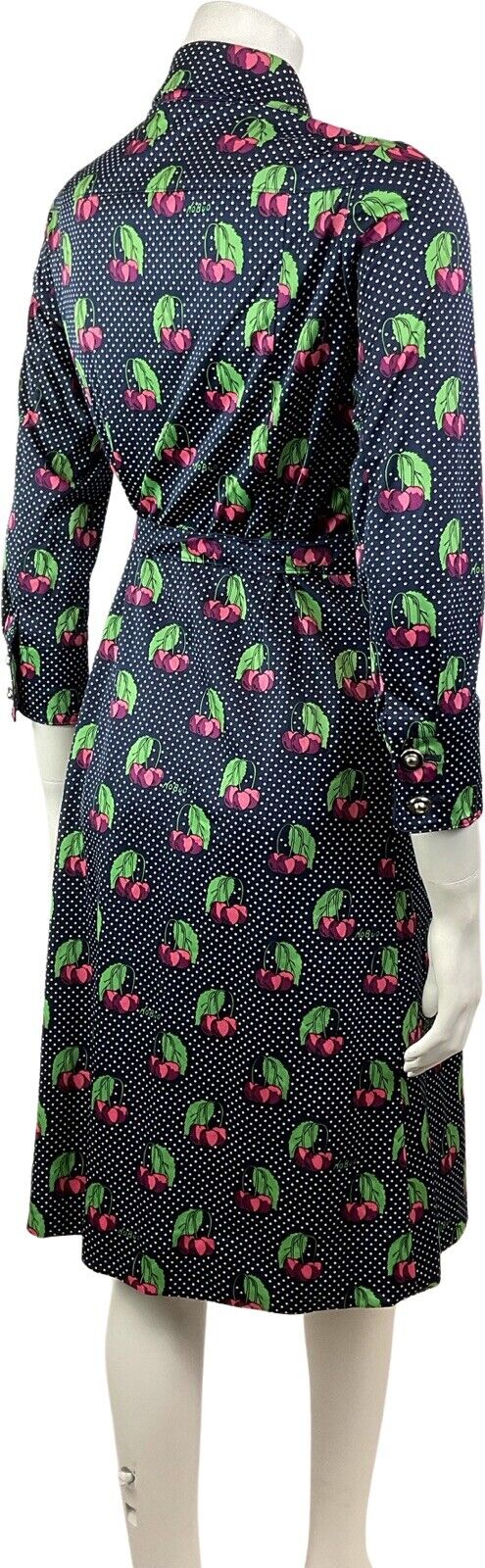 VINTAGE 70s STYLE 90s BLUE WHITE PINK POLKA-DOT CHERRY DAGGER SHIRT DRESS 8 10