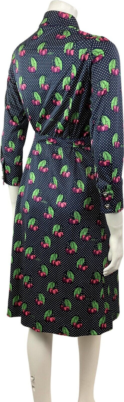 VINTAGE 70s STYLE 90s BLUE WHITE PINK POLKA-DOT CHERRY DAGGER SHIRT DRESS 8 10