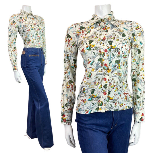 VINTAGE 60s 70s WHITE GREEN RED FLORAL GARDEN BIRD BUTTERFLY MOD DAGGER SHIRT 8
