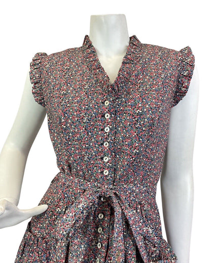 VINTAGE 60s 70s BLACK BLUE RED DITSY FLOWER BOHO PRAIRIE VERA MONT MAXI DRESS 8