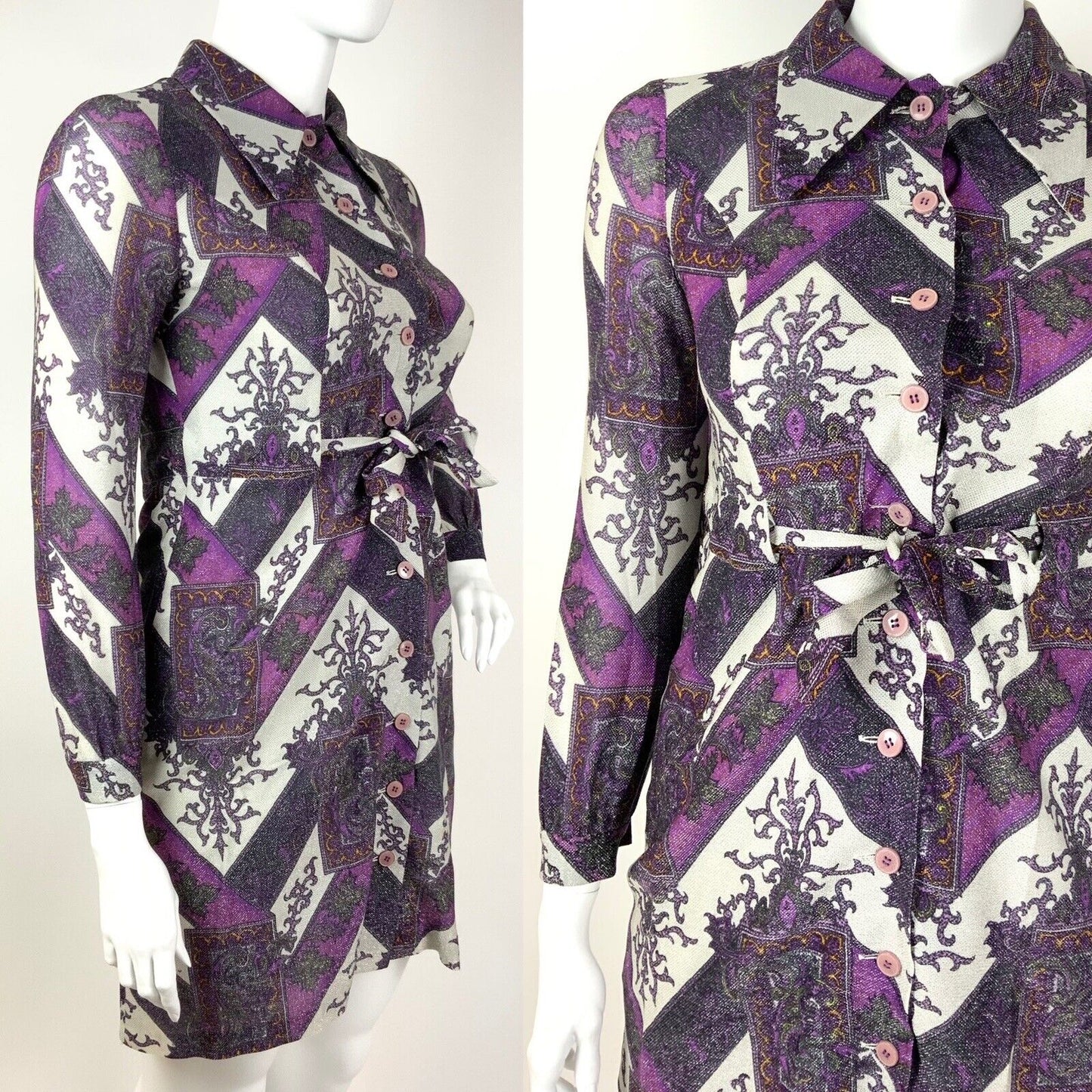 VTG 60s 70s PURPLE WHITE SILVER ZIG-ZAG FLORAL DAGGER COLLAR LUREX DRESS 14 16