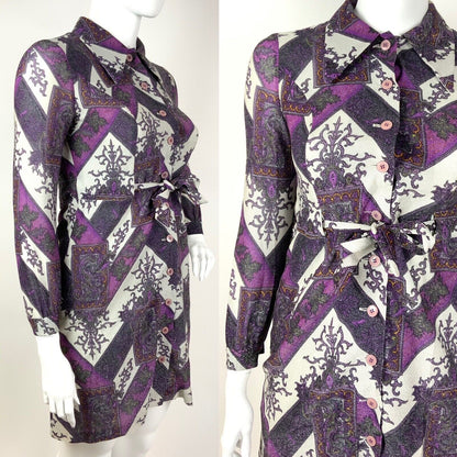 VTG 60s 70s PURPLE WHITE SILVER ZIG-ZAG FLORAL DAGGER COLLAR LUREX DRESS 14 16