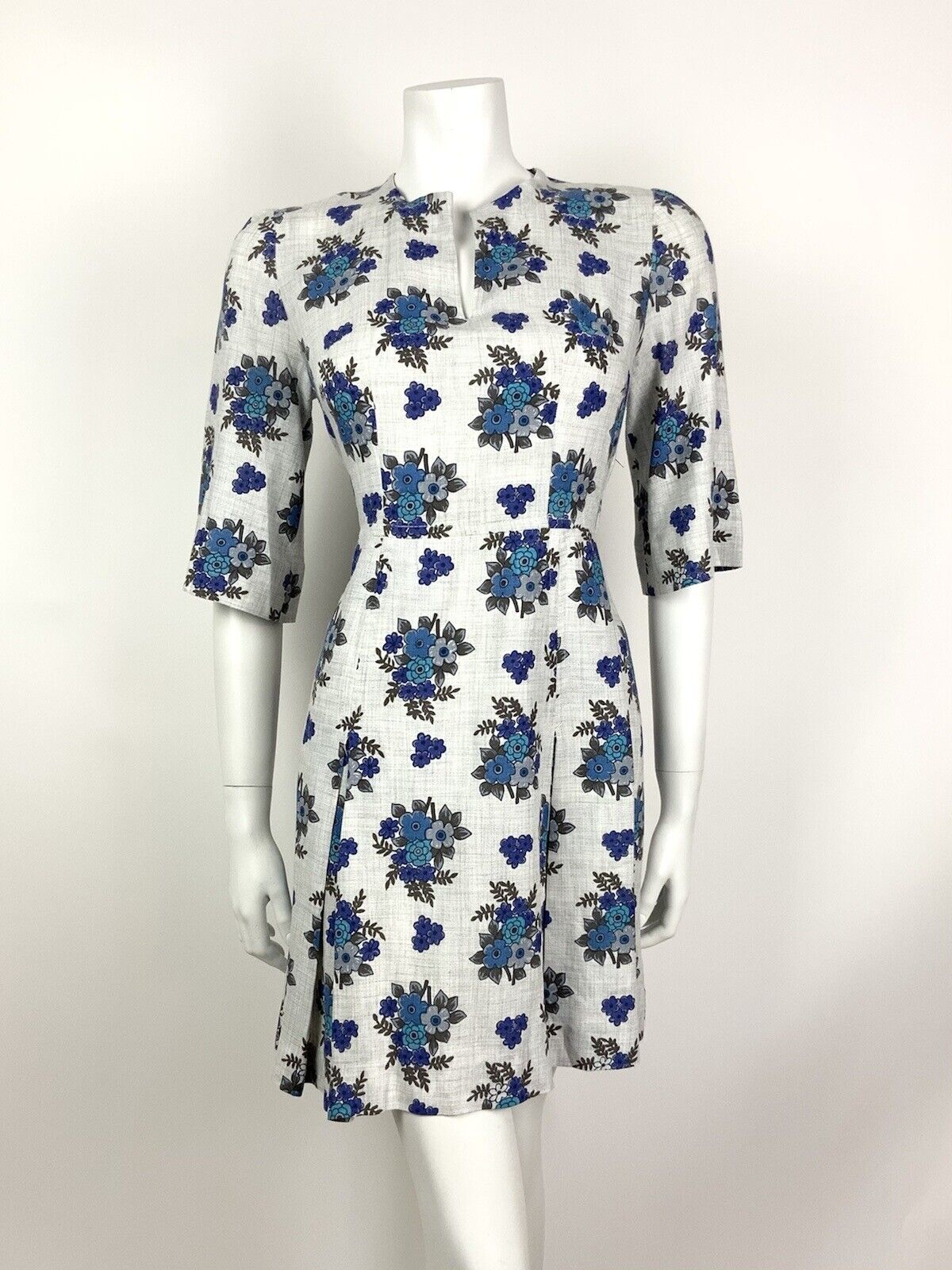 VINTAGE 60s 70s GREY NAVY BLUE FLORAL BOUQUET COTTON DRESS 10