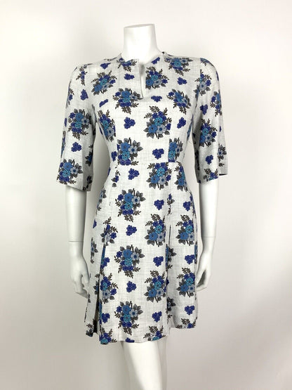 VINTAGE 60s 70s GREY NAVY BLUE FLORAL BOUQUET COTTON DRESS 10
