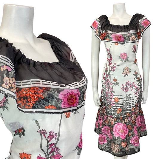 VINTAGE 60s 70s WHITE BLACK PINK FLORAL GARDEN RUFFLED SUMMER DRESS 10 12