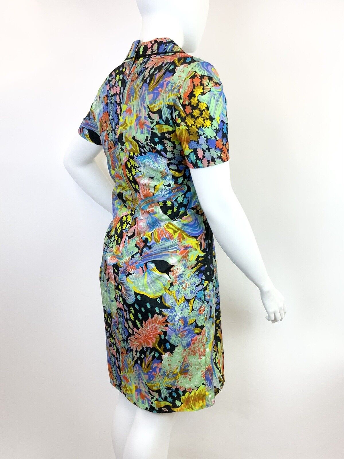 VINTAGE 60s 70s BLACK MULTICOLOURED PSYCHEDELIC ACID FLORAL LEAFY SHIRT DRESS 18