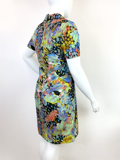 VINTAGE 60s 70s BLACK MULTICOLOURED PSYCHEDELIC ACID FLORAL LEAFY SHIRT DRESS 18