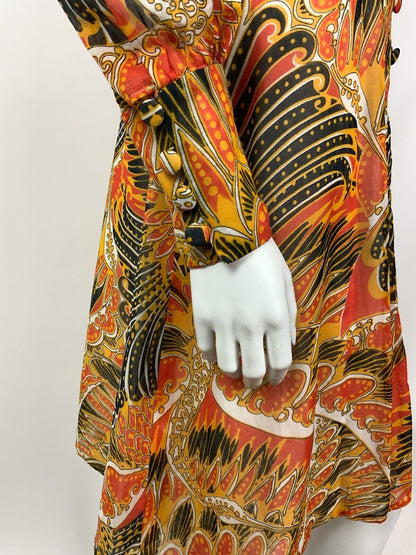 VTG 60s 70s ORANGE YELLOW BLACK FEATHER PSYCHEDELIC CARNIVAL SHEER DRESS 8 10
