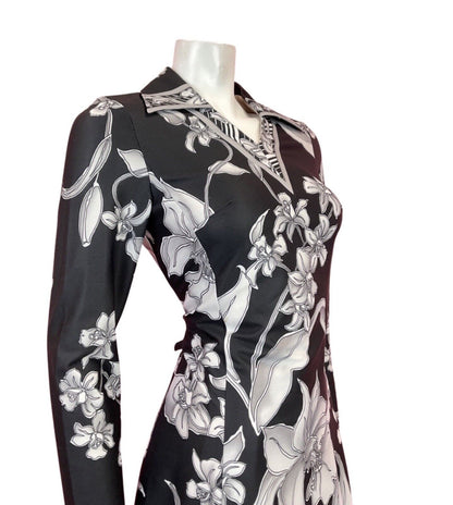 VINTAGE 60s 70s BLACK WHITE GREY FLORAL LILY ROSE SHIRT SWING DRESS 10