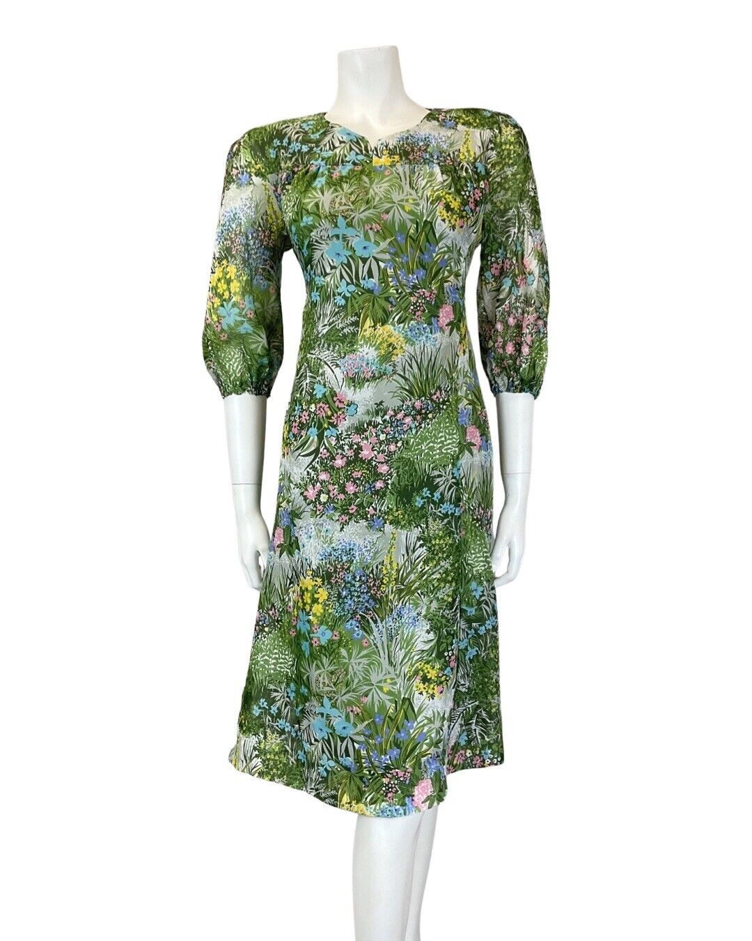 VINTAGE 60s 70s GREEN PINK BLUE GARDEN FLORAL GRASS SHEER FLOATY DRESS 12 14